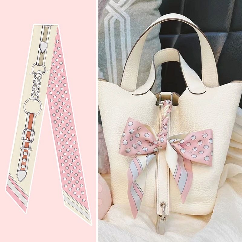 Face Scarf Mask - 女性の夏のピンクの水玉模様のスカーフバッグリボン装飾ハンドルプリントロングストリーマーファッションアクセサリーお祝い用
