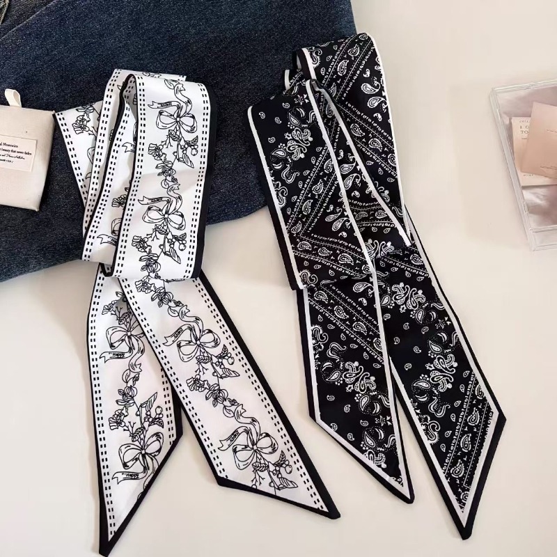 Ascot Neck Scarf - 黒白両面ペイズリーロングスカーフシャツネックデコレーションヘアタイバッグストラップ多機能ウエストベルトスカーフアクセサリー