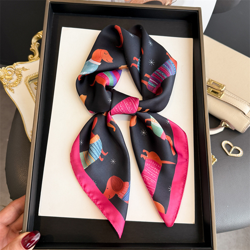 Face Scarf Mask - ファッションウインナー犬プリントバンダナスカーフ女性エレガントシルクネッカチーフヒジャブヘッドバンドスカーフ女性正方形スカーフ 70 センチメートル