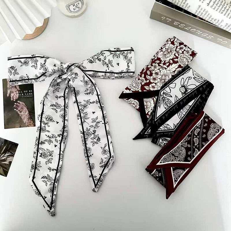 Silk Neck Scarf - 高級ファッション女性用スキニーシルクスカーフ、ロングヘアストリップシルクスカーフ、小さなネックスカーフ、フラワーバッグハンドルリボン、レディースタイ
