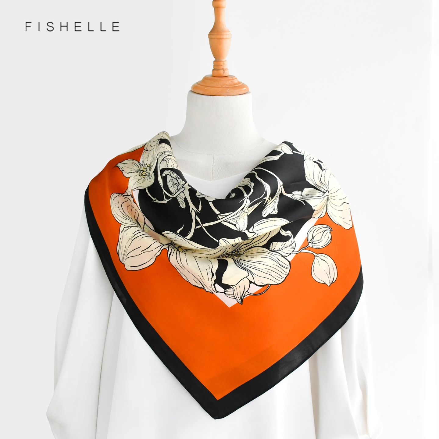 オレンジ花柄 100% 桑シルクスカーフ高級女性ショールラッ - Silk Neck Scarf のレビューと価格